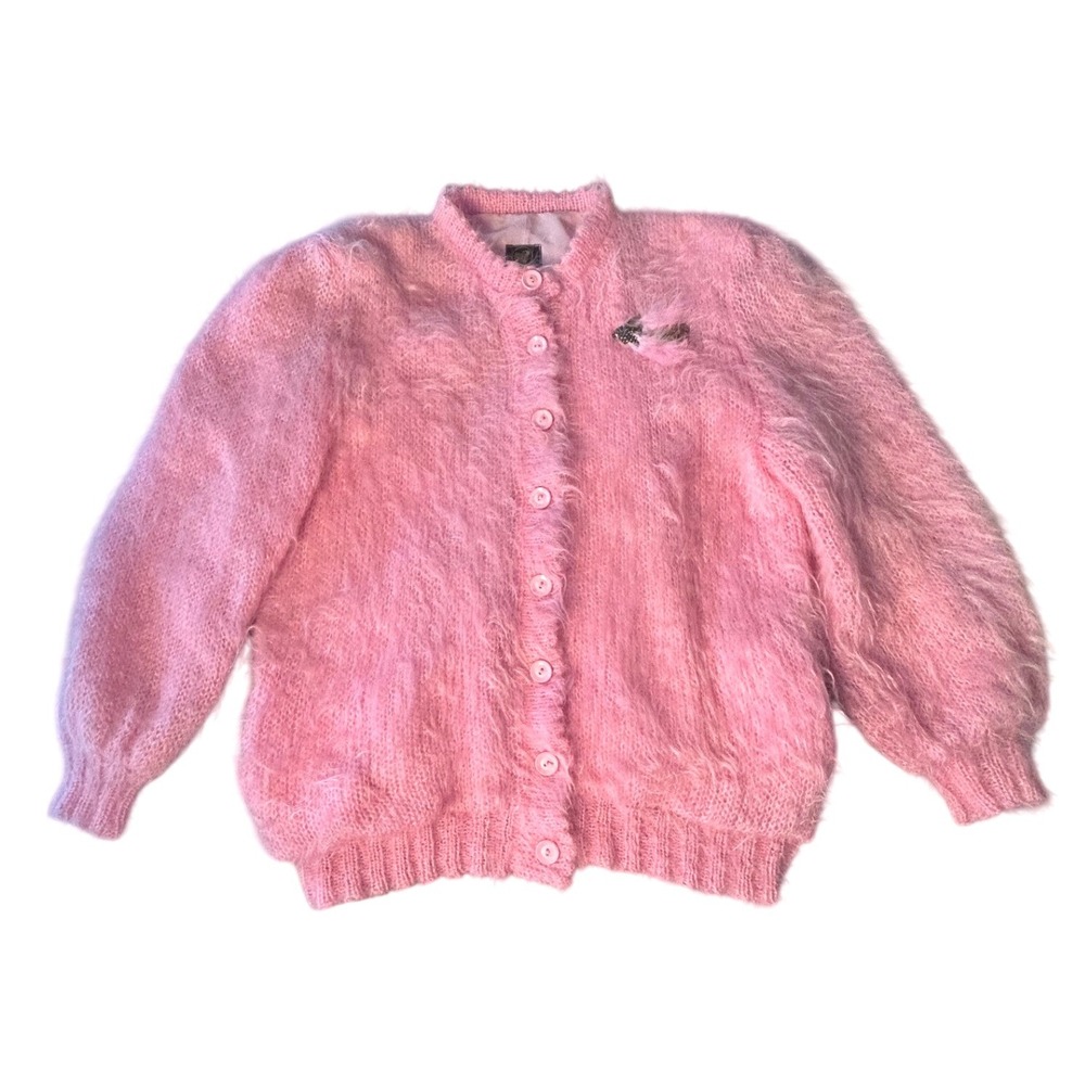 Vintage Mohair Jacket Pink Fuzzy Feather Ireland Knit Barbiecore Grandmacore